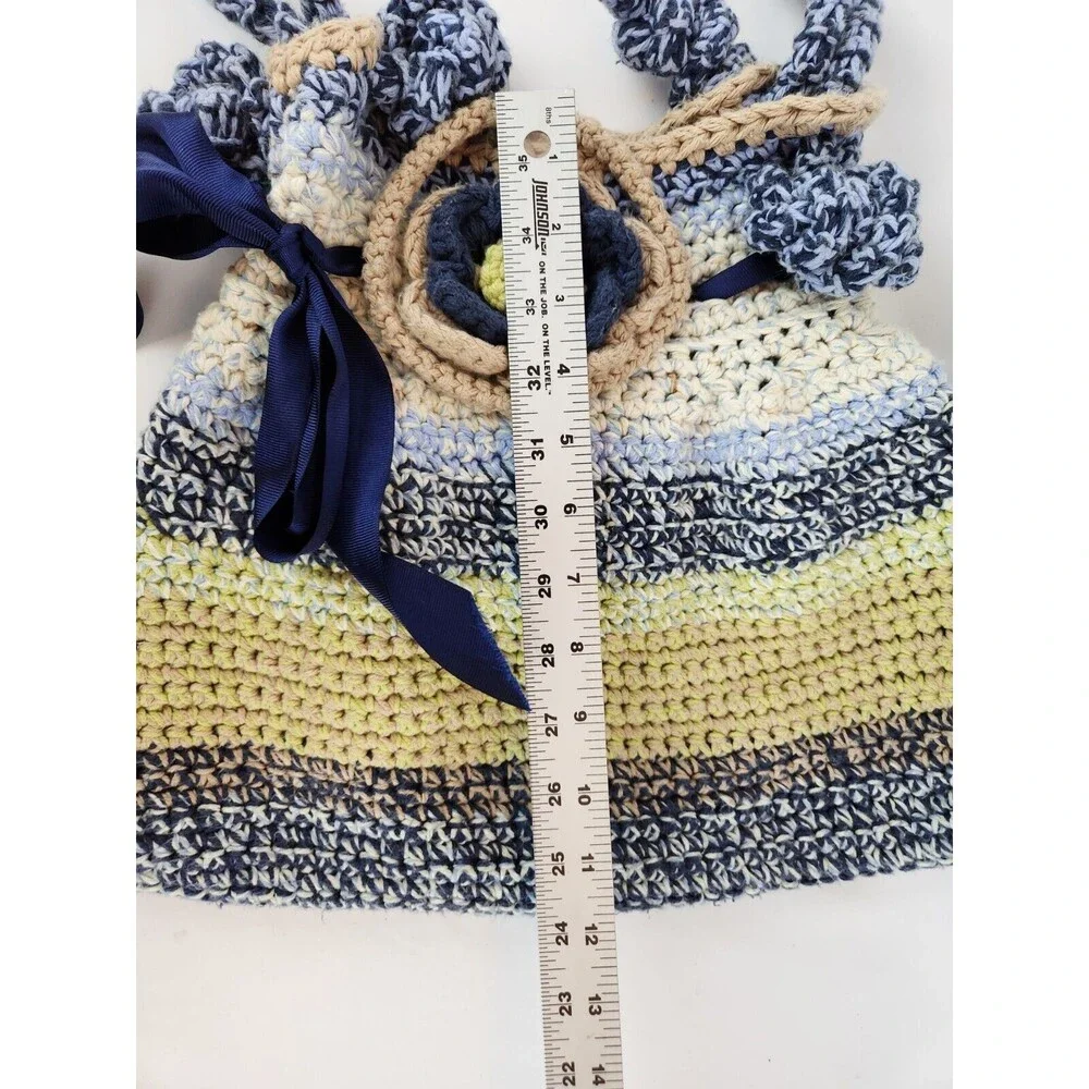 Funky Fun Handmade Crochet Knit Bag Large Purse‎ Boho Hippie Flowers Blue Beige